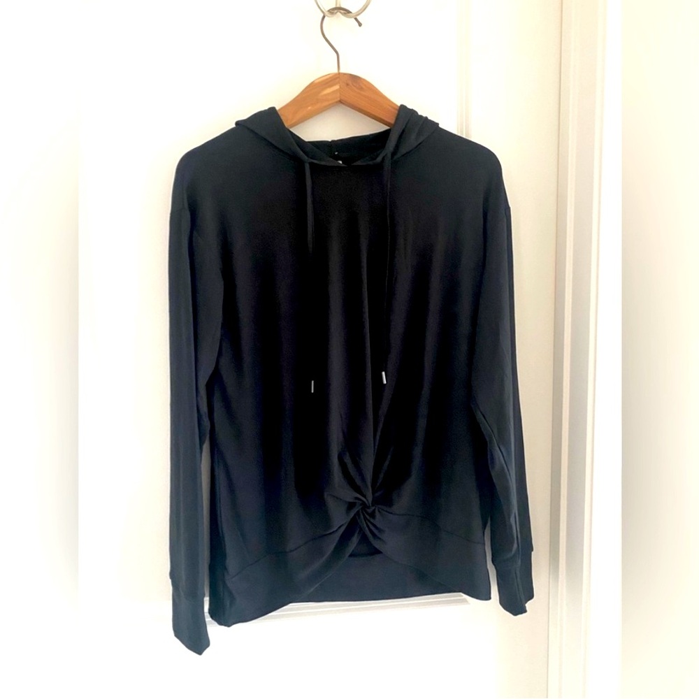 Black Draw String Pullover Hoodie with Gathered Front
